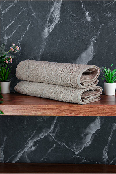 ihvan online Footprint Patterned 2-Piece Foot Towel - 50X70 cm - Water Absorbent Bath Mat Set - Cream