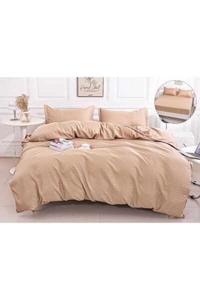 trendyhome Double Bed Linen, Fine Damask, 4 Pieces, UNI, Light Brown, PT14063-Elastic