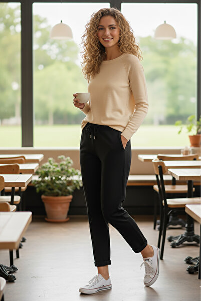 Sy & Black Kadın Çelik Örgü Beli Lastikli ve Bağcıklı Geniş Beden Aralıklı Jo...