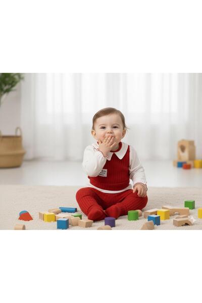 Chicsy Baby Baby Girl Ribbed Detailed Shirt Collar 3-Piece Winter Set