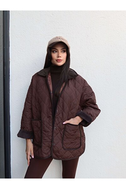 ESRAHELVACI Velvet Collar Snap Fastener Quilted Coat