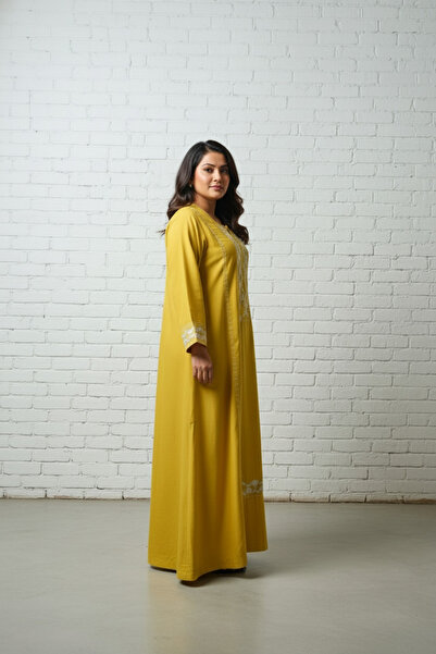 Ease of Wear Mustard Embroidered Satin Silk Kaftan