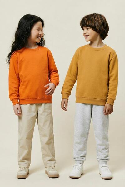 Perendi Unisex Kids 2-Piece Basic Crew Neck Sweatshirt Set – Mustard & Orange