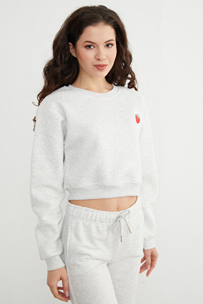 Fulla Moda 3 Thread Strawberry Embroidered Crop Sweatshirt