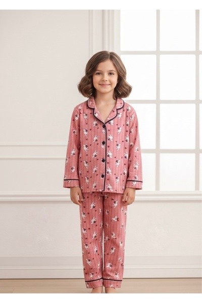 Beka Kids Rabbit and Cat Patterned Long Sleeve Buttoned Front Shirt Collar Girls Pajama Set 100% Cotton