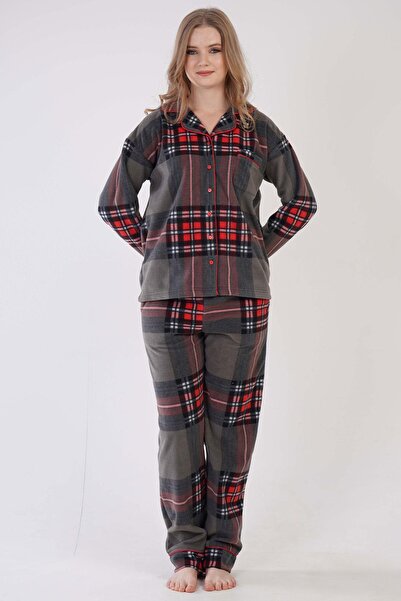 VİENETTA Women's Fleece Anthracite Pajama Set – Button Front, Plaid Pattern C2T9N0013