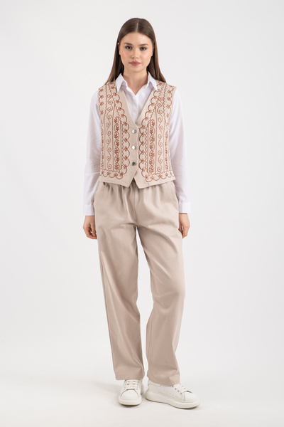 Hatun Atila Καφέ Κεντητό Γιλέκο με Κουμπιά 2555 - Βιζόν