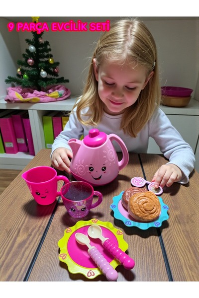 YILDIRIM OYUNCAK Little Chef Çay Seti 9 Parça Simli Açık Pembe Mor Bardaklı E...