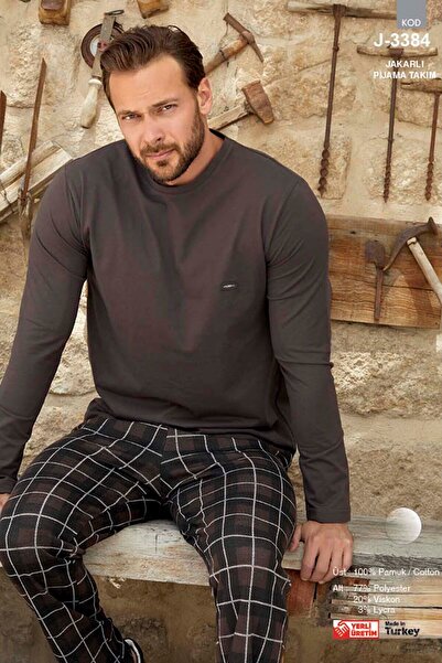Aydoğan Ανδρικό Σετ Πιτζάμες Ζακάρ Μακρυμάνικο 3384 Καφέ01