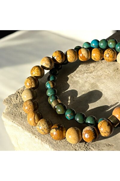 MODA Men's Natural Stone Bracelet |   Apatite & Wood Jasper Set of 2 Men's Br...