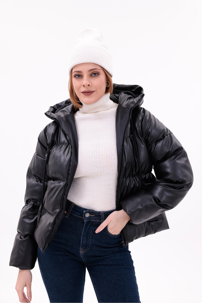 Modayıldızlar Palton de piele neagră pentru femei Milano cu glugă Nou sezon 2026