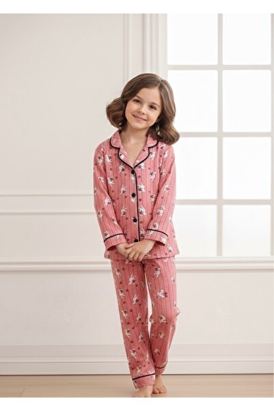 Beka Kids Rabbit and Cat Patterned Long Sleeve Buttoned Front Shirt Collar Girls Pajama Set 100% Cotton