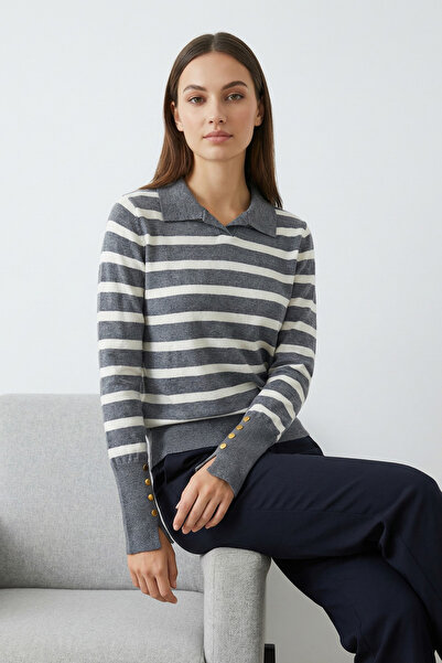 Giyim Dünyası Women's Polo Neck Striped Sweater Gray