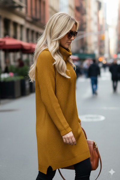 Millionaire Women's Mustard Yellow Degaje High Neck Thick Knit Italian Sleeve Y Slit Long Tunic Dress Knitwear Sweater
