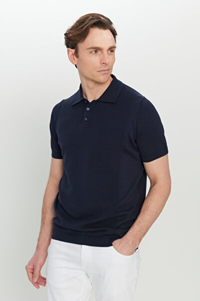 ALTINYILDIZ CLASSICS Men's Navy Blue 100% Cotton Standard Fit Regular Cut Polo Neck Jacquard Knit T-Shirt