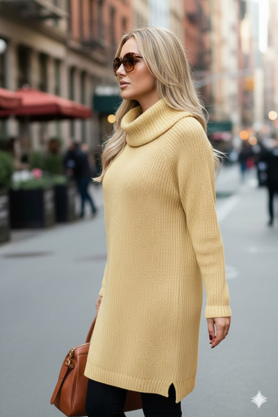 Millionaire Women's Light Yellow Degaje High Neck Thick Knit Italian Sleeve Y Slit Long Tunic Dress Knitwear Sweater