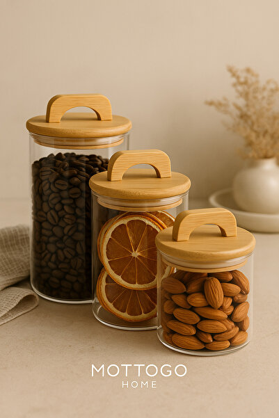 Mottogo Bamboo Vacuum Lid 3-Piece Jar Set - 370 ml / 650 ml / 950 ml – Airtight Storage Container