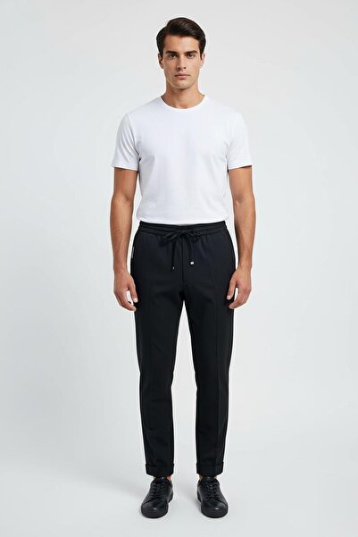 Sabri Özel Siyah Slim Fit Balıksırtı Desenli %100 Yün Jogger Pantolon