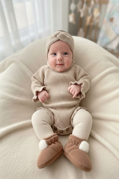 meriç bebe - bütün çocuklar melektir. mrc Stitch-Free Thessaloniki Knitted Sausage Collar Ruffled Baby Girl Knitwear Bodysuit Sweater & Headband Two-Piece Set