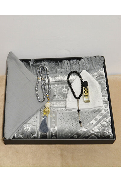 Bilenler Gift Prayer Rug Set – Jacquard Prayer Rug, Cover, Crystal Prayer Beads, Men's Prayer Beads, Skullcap, Set with Essence Box
