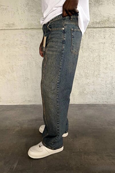 MADZEYMODA Men's Relax Baggy Stitching Detail Washed Blue Denim Jean Trousers Ke-988