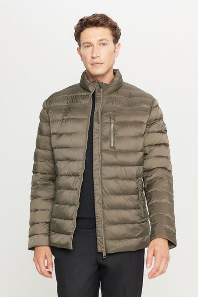 ALTINYILDIZ CLASSICS Men's Khaki Standard Fit Regular Cut Casual Coat with Mock Neck Side Pockets