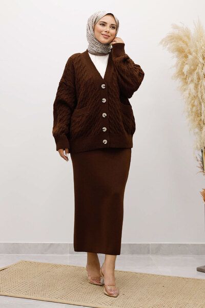Tesettür Dünyası Buttoned Pocketed Knitwear Cardigan Tsd250225 Bitter Brown