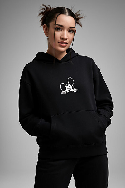 Rivox سويت شيرت رجالي أسود بغطاء رأس قصة فضفاضة ميكي ماوس مطبوع