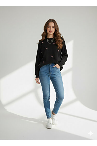 ribana سترة نسائية منسوجة بياقة دائرية وتفاصيل فيونكة مصنوعة من خيوط مزدوجة