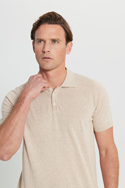 ALTINYILDIZ CLASSICS Men's Beige Cotton Linen Standard Fit Regular Cut Polo Neck Knitwear T-Shirt