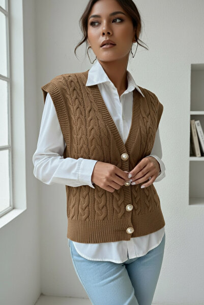 NEWCO Knitted Detailed Pearl Buttoned V-Neck Trendy Knitwear Vest Women's Sweater