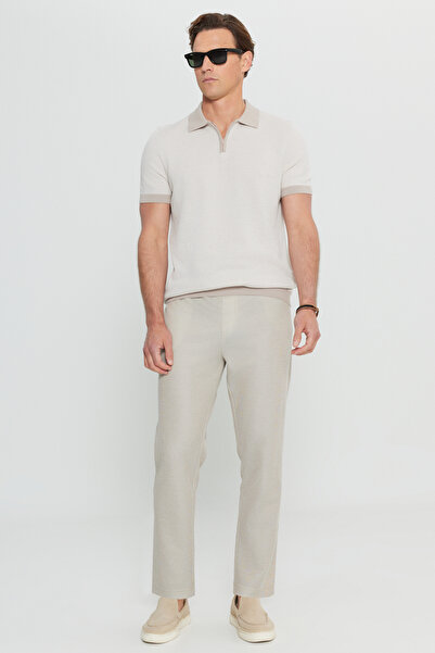 ALTINYILDIZ CLASSICS Men's Beige 100% Cotton Standard Fit Regular Cut Polo Neck Jacquard Knit T-Shirt