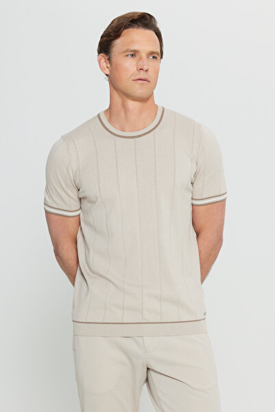 ALTINYILDIZ CLASSICS Men's Beige 100% Cotton Standard Fit Regular Cut Crew Neck Knitwear T-Shirt