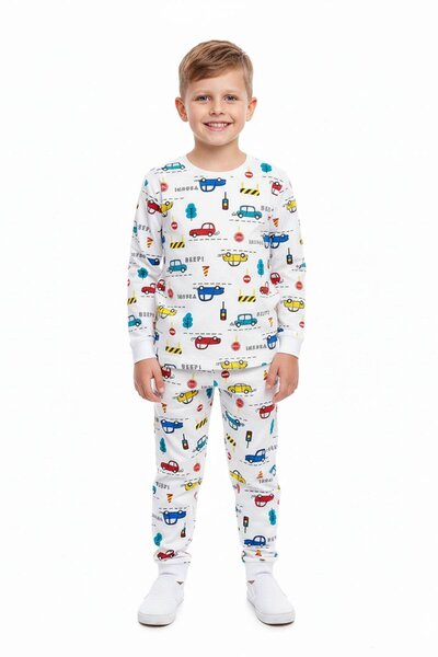 NEWKİDS Boy's Pajama Set Car Pattern Transitional Cotton