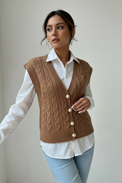 NEWCO Knitted Detailed Pearl Buttoned V-Neck Trendy Knitwear Vest Women's Sweater