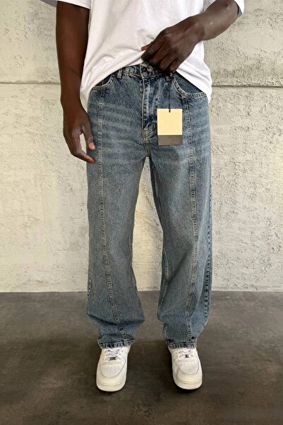 MADZEYMODA Men's Relax Baggy Stitching Detail Blue Denim Jean Trousers Ke-986
