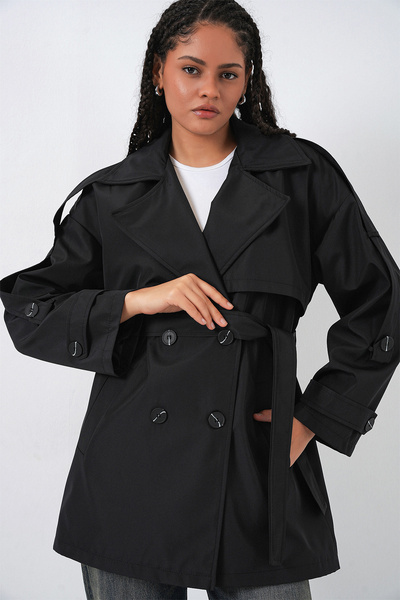 Bigdart Women's Belted Short Trench Coat 5974 - Black