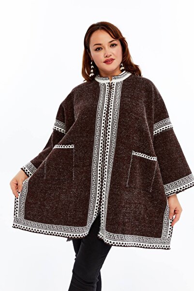 Laden Women's Very Thick Soft Knitwear Plus Size Winter Mother Long Coffee Long Sleeve Poncho Coffee Cardigan