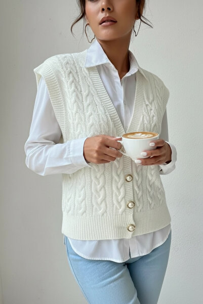 NEWCO В'язаний детальний V-подібний комір з перловими ґудзиками Модний трикотажний жилет Жіночий светр