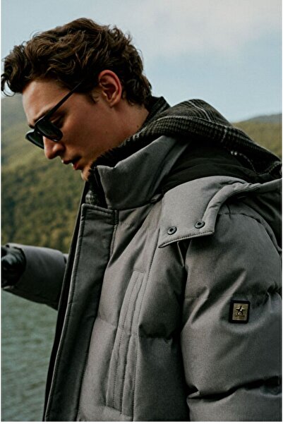 ALTINYILDIZ CLASSICS Standard Fit Regular Cut Coming Out Hooded Quilted Patterned Gray Coat