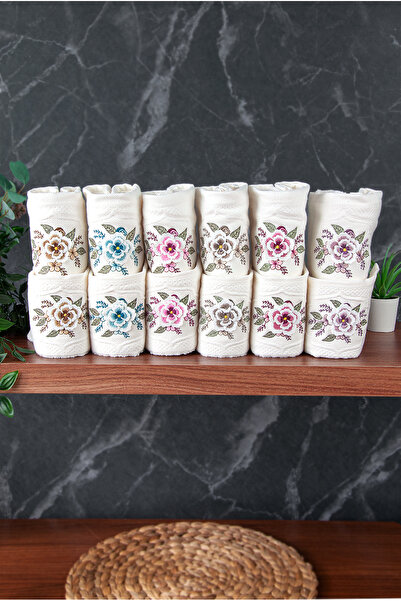ihvan online 100% Cotton 3D Floral Embroidered 12-Piece Dowry Towel Set for Mother and Daughter 50X90 cm - 00030