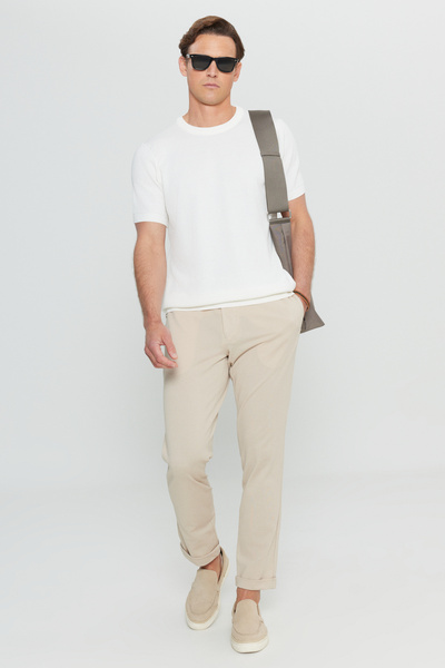 ALTINYILDIZ CLASSICS Men's Ecru 100% Cotton Standard Fit Regular Cut Crew Neck Knitwear T-Shirt