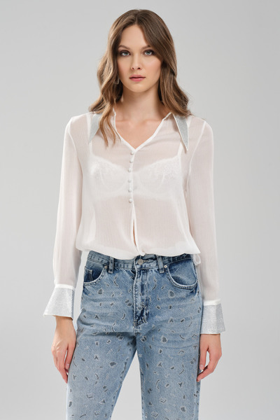 tw3 Women's Chiffon Fabric Collar and Cuffs Stone Design Shirt