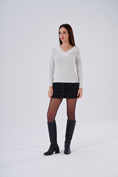 HOFY 1585 Front Back V-Neck Soft Knitwear Ribbed Knit Blouse