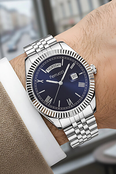Ferrucci Erkek Kol Saati Çelik Kasa & Çelik Jübile Kordon Çift Takvim Gümüş-Mavi zmfer207