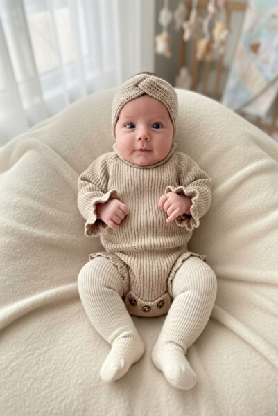 meriç bebe - bütün çocuklar melektir. mrc Stitch-Free Thessaloniki Knitted Sausage Collar Ruffled Baby Girl Knitwear Bodysuit Sweater & Headband Two-Piece Set