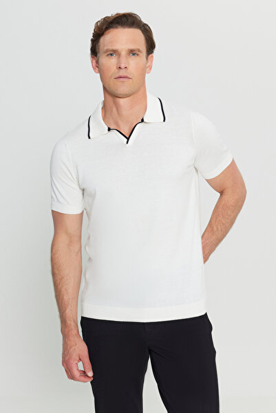 ALTINYILDIZ CLASSICS Men's White 100% Cotton Standard Fit Regular Fit Polo Neck Knitwear T-Shirt
