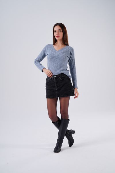 HOFY 1585 Front Back V-Neck Soft Knitwear Ribbed Knit Blouse