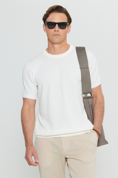 ALTINYILDIZ CLASSICS Men's Ecru 100% Cotton Standard Fit Regular Cut Crew Neck Knitwear T-Shirt