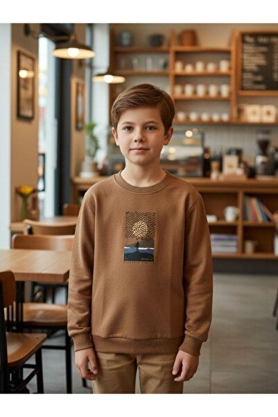 Zekids Момчешка памучна блуза с дълъг ръкав и принт с пейзаж